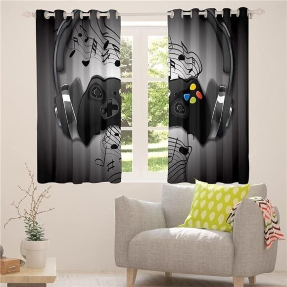 Games Curtains Black Grey Headphones Musical Notes Design Gamepad Window Curtain - Picture 5 of 7